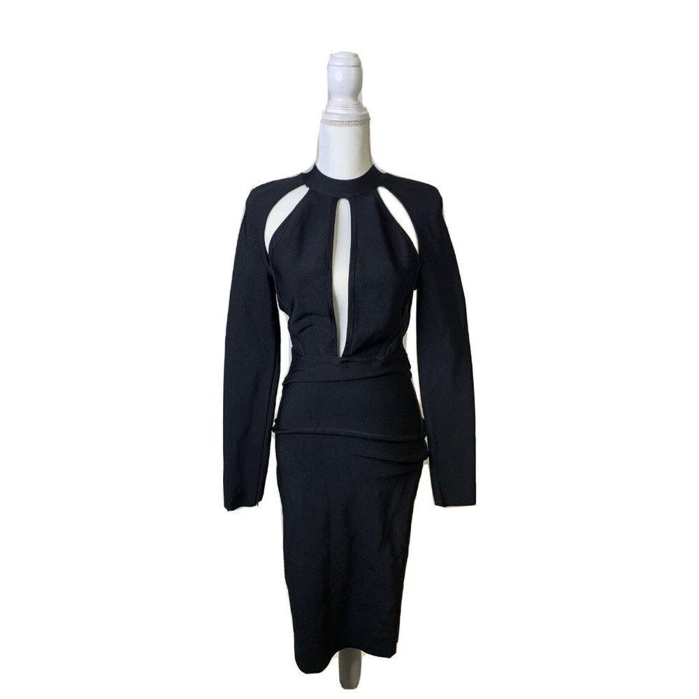 Miss Circle Cut Out Dress M Black Midi BodyCon Exposed Zipper Sexy Long Sleeve